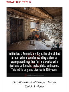 Rustic stone room interior with fireplace, wooden chair, table, and text about Biertan Romania divorce tradition