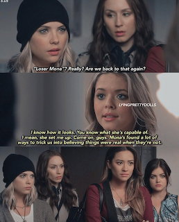 Collage of Pretty Little Liars TV scenes with four young women and dialogue subtitles