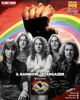 Vintage Rainbow band poster with five members and rainbow arc above raised fist