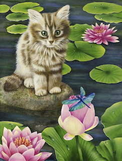 Painting of a tabby kitten on a rock in a pond with pink water lilies and a dragonfly