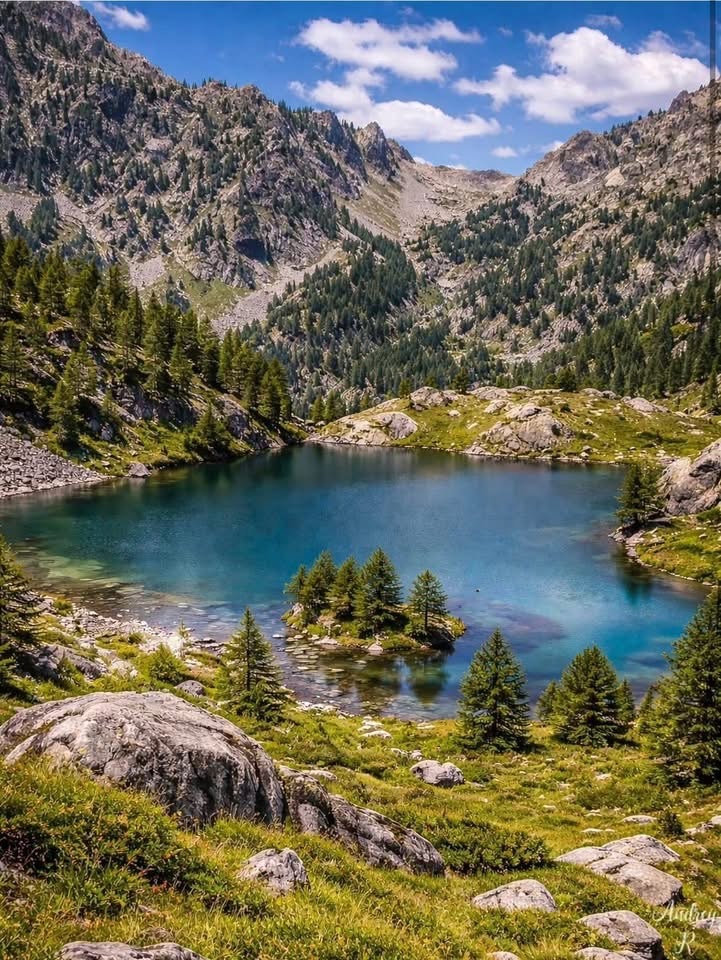 Turquoise alpine lake surrounded by mountains, forests, and grassy slopes with small island in center