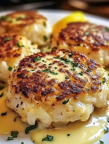 Three golden-brown crab cakes on a white plate with butter sauce and chopped herbs