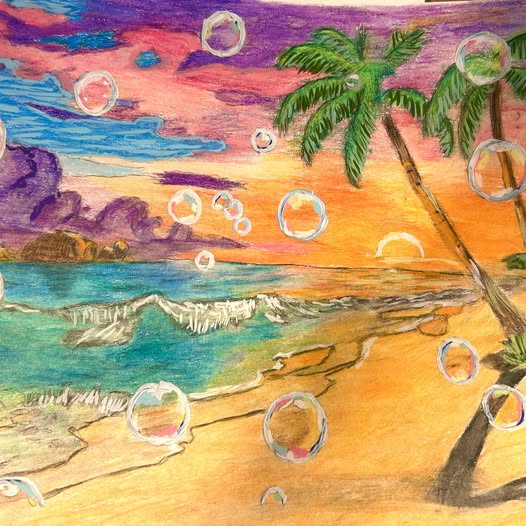 Watercolor painting of tropical beach at sunset with palm tree and bubbles floating in colorful sky
