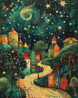 Colorful village houses on winding path under starry night sky with golden moon