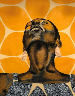 Painting of a Black woman tilting her head back with eyes closed against an orange floral pattern background