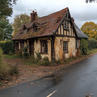 Abandoned Tudor Cottage at Crossroads