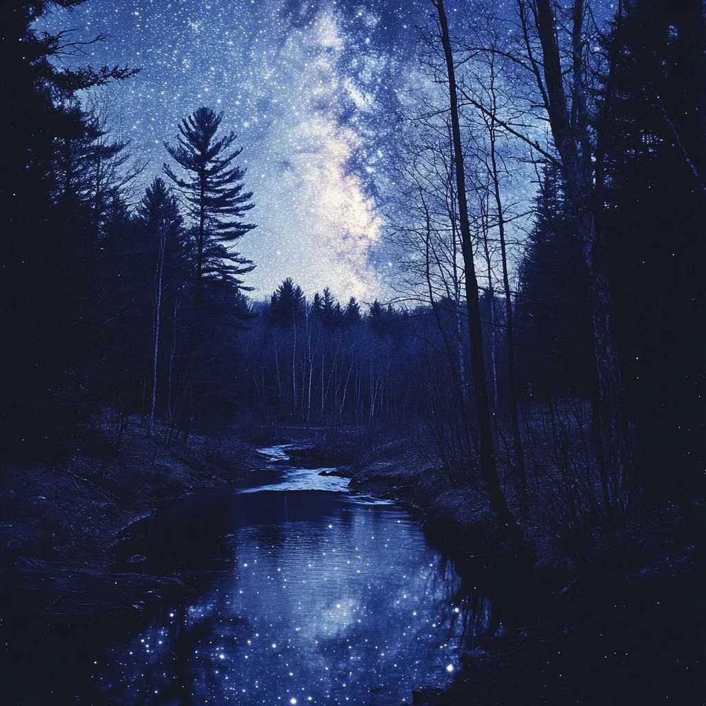 Starry Night Sky Over Forest Stream