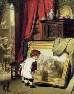 Young child in white dress looking at a large framed painting in an artist's studio with red curtains