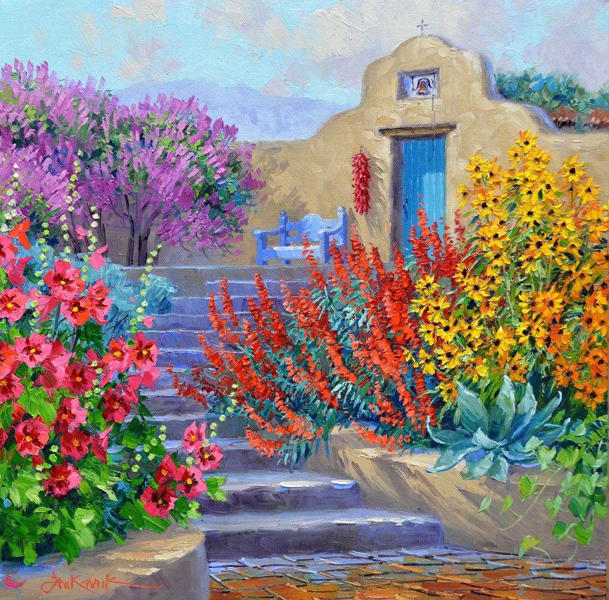 Colorful painting of an adobe house with bright flowers and a garden path
