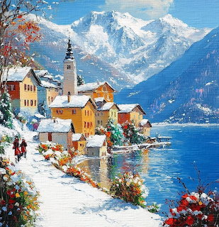 Impressionist painting of alpine village by lake with snow, colorful buildings, and mountain backdrop