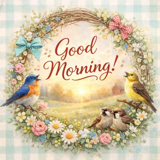 Illustrated flower wreath with small birds and Good Morning text over a sunrise background