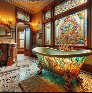Ornate clawfoot bathtub with colorful floral design in elegant vintage bathroom with stained glass windows