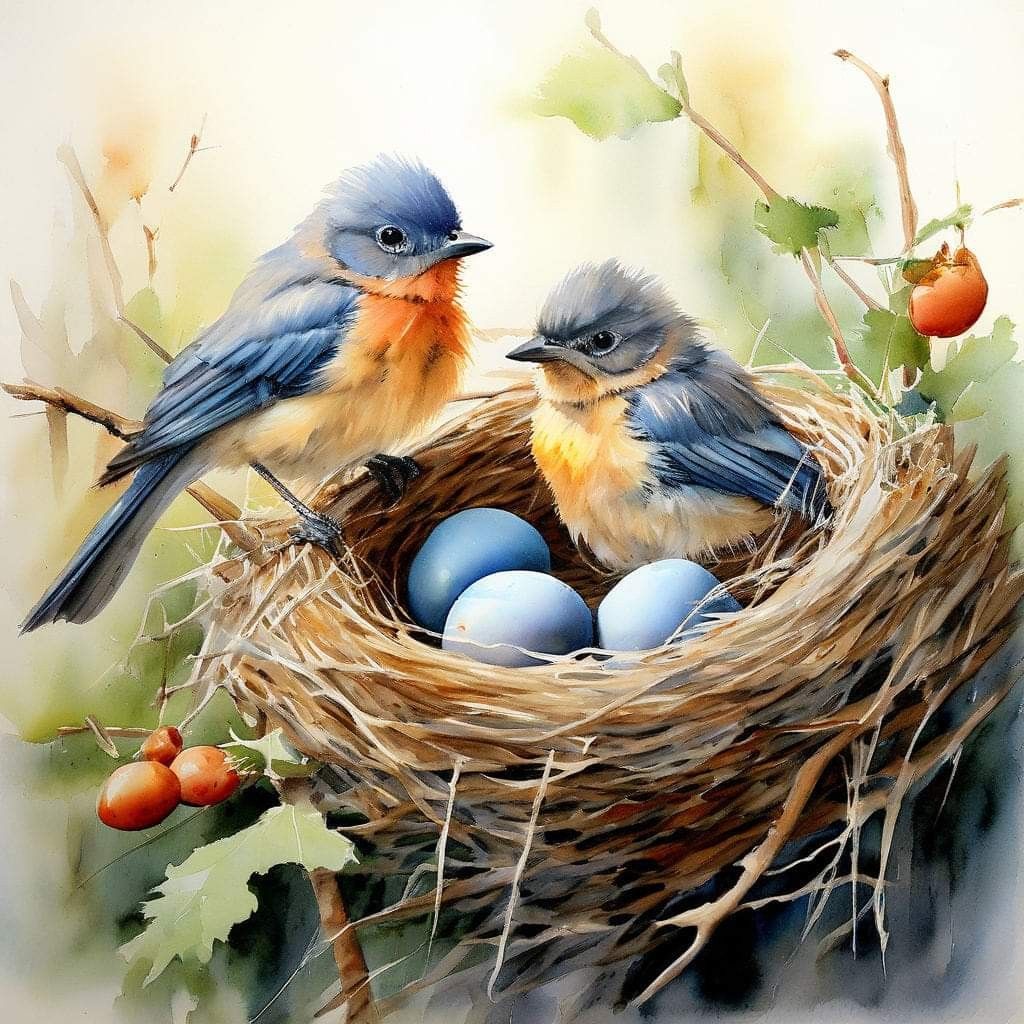 Two bluebirds at nest with blue eggs, watercolor painting with spring branches and berries