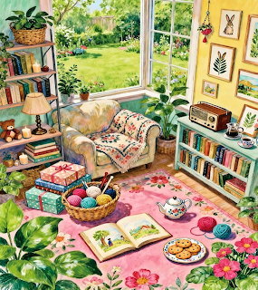 Illustration of a bright garden room with armchair, bookshelves, plants, knitting basket, and open book