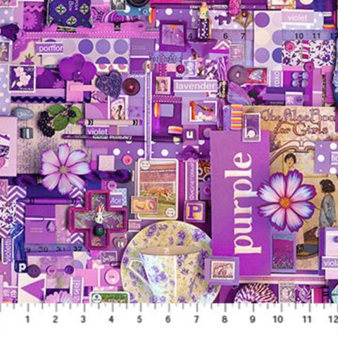 Collage of various purple objects, flowers, frames, and decorative items densely arranged together