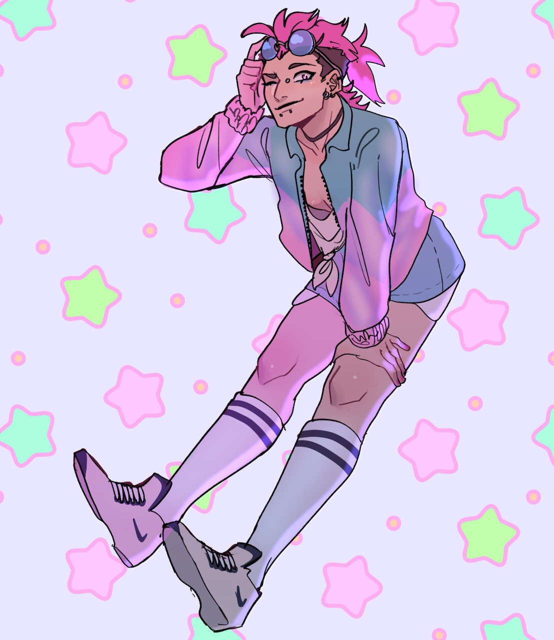 Anime character with pink hair in purple hoodie sitting casually with colorful stars in background