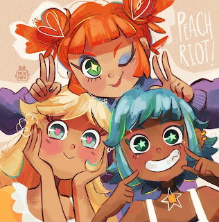 Colorful anime-style drawing of three smiling girls with bright hair posing with peace signs