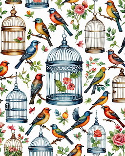 Illustration of colorful birds, vintage bird cages, roses, and leaves on a white background