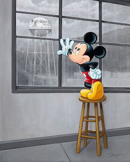 Mickey Mouse character standing on stool looking through window at water tower