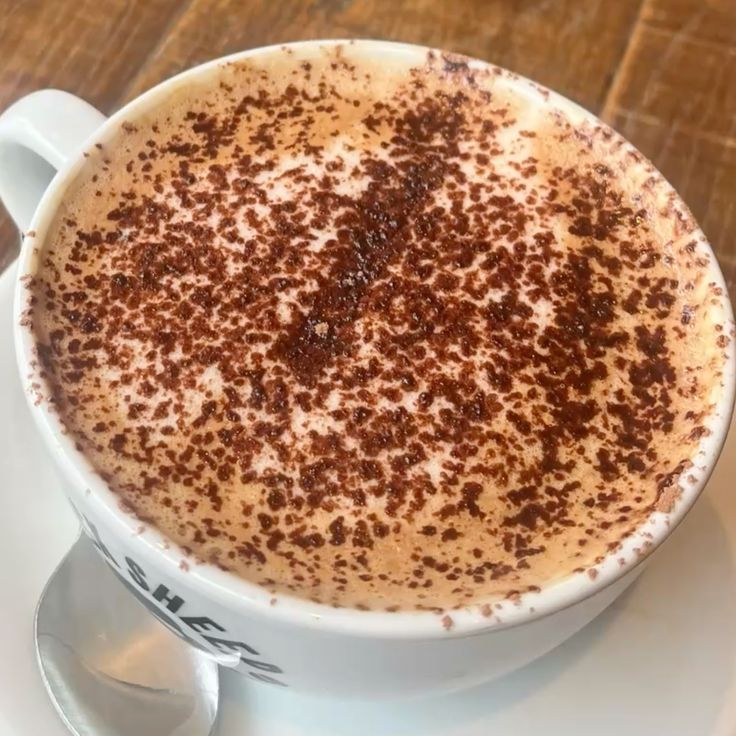 Top view of a white cup of mocha or cappuccino topped with cocoa powder