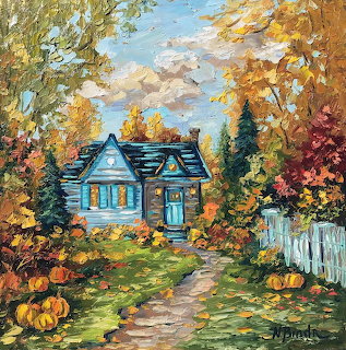 Impressionist painting of blue cottage with autumn trees, pumpkins on path, and white fence