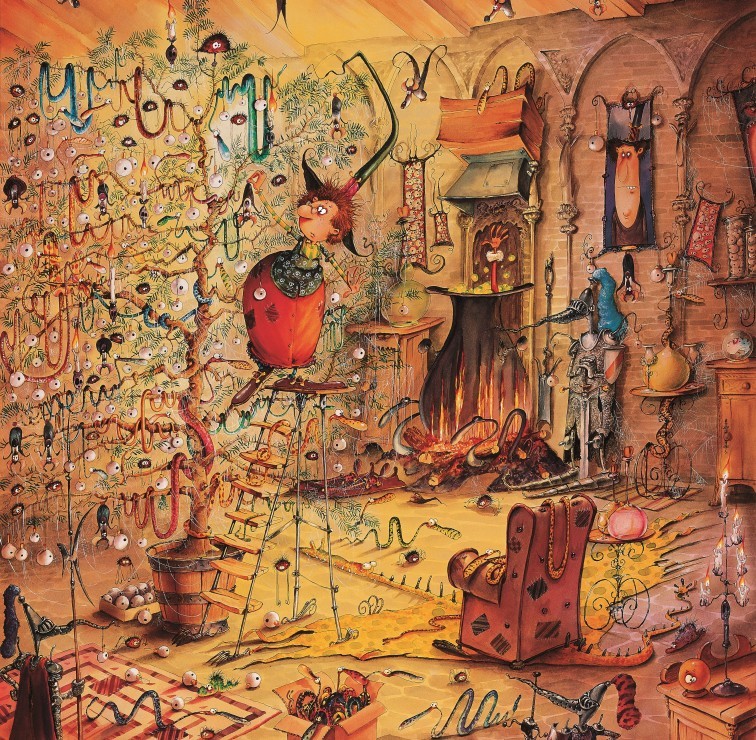 Detailed cartoon witch in cluttered magical workshop with potions, books, cats and mystical items