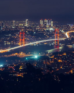 Night cityscape of Istanbul with the lit Bosphorus Bridge and glowing skyline