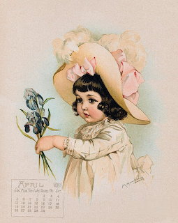 Vintage 1891 calendar art: girl in white dress and pink hat holding purple flowers