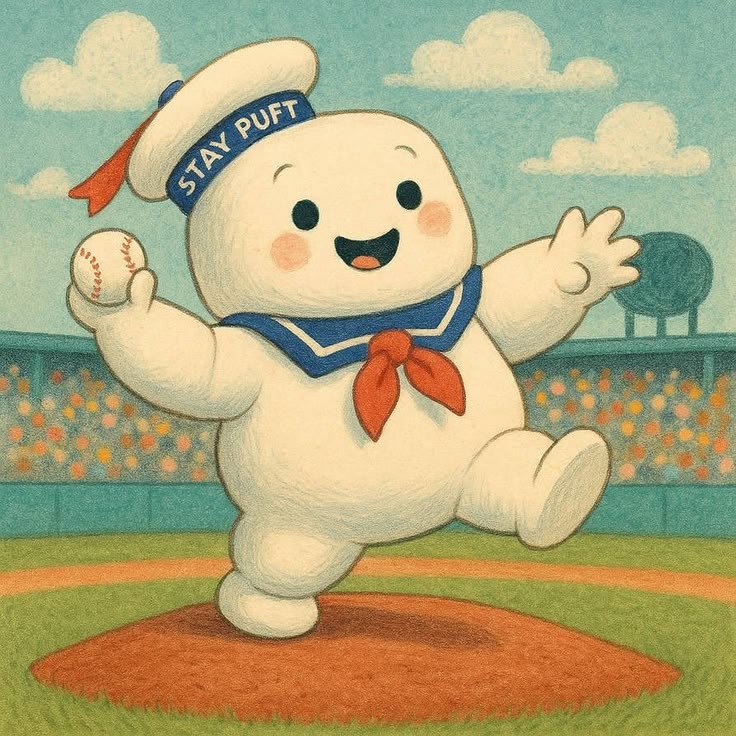 Stay Puft Marshmallow Man illustration pitching a baseball on a mound