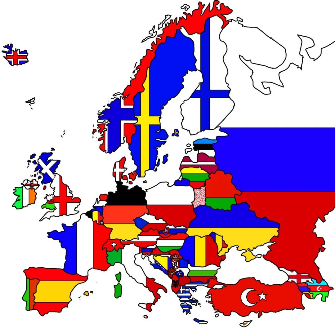 Map of Europe with countries filled using their national flags