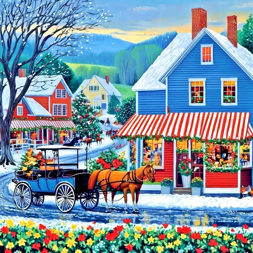 Festive winter village scene with blue houses, Christmas tree, horse carriage, and colorful flowers in snow