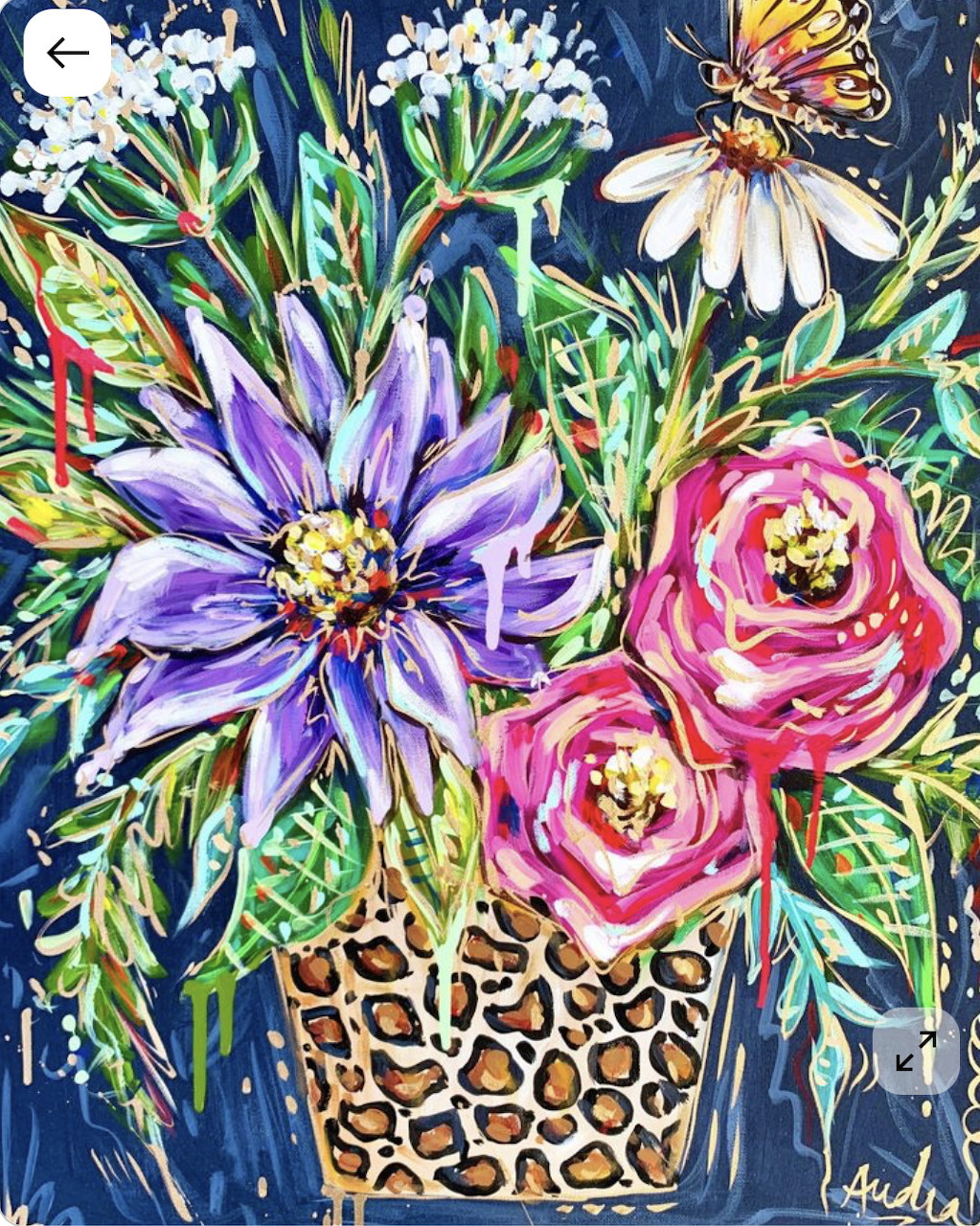 Painted bouquet of colorful flowers in a leopard-print vase on a dark blue background