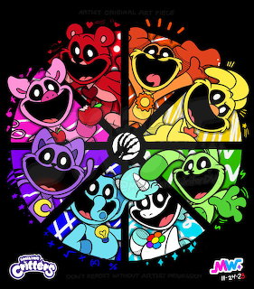 Six colorful smiling cartoon critters arranged in a segmented circle on a black background.