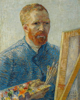 Van Gogh self-portrait as a painter holding palette and brushes in front of an easel, oil painting
