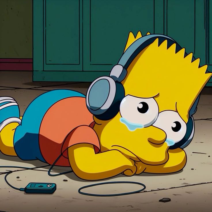 Bart Simpson lying down wearing headphones with eyes closed in a relaxed pose