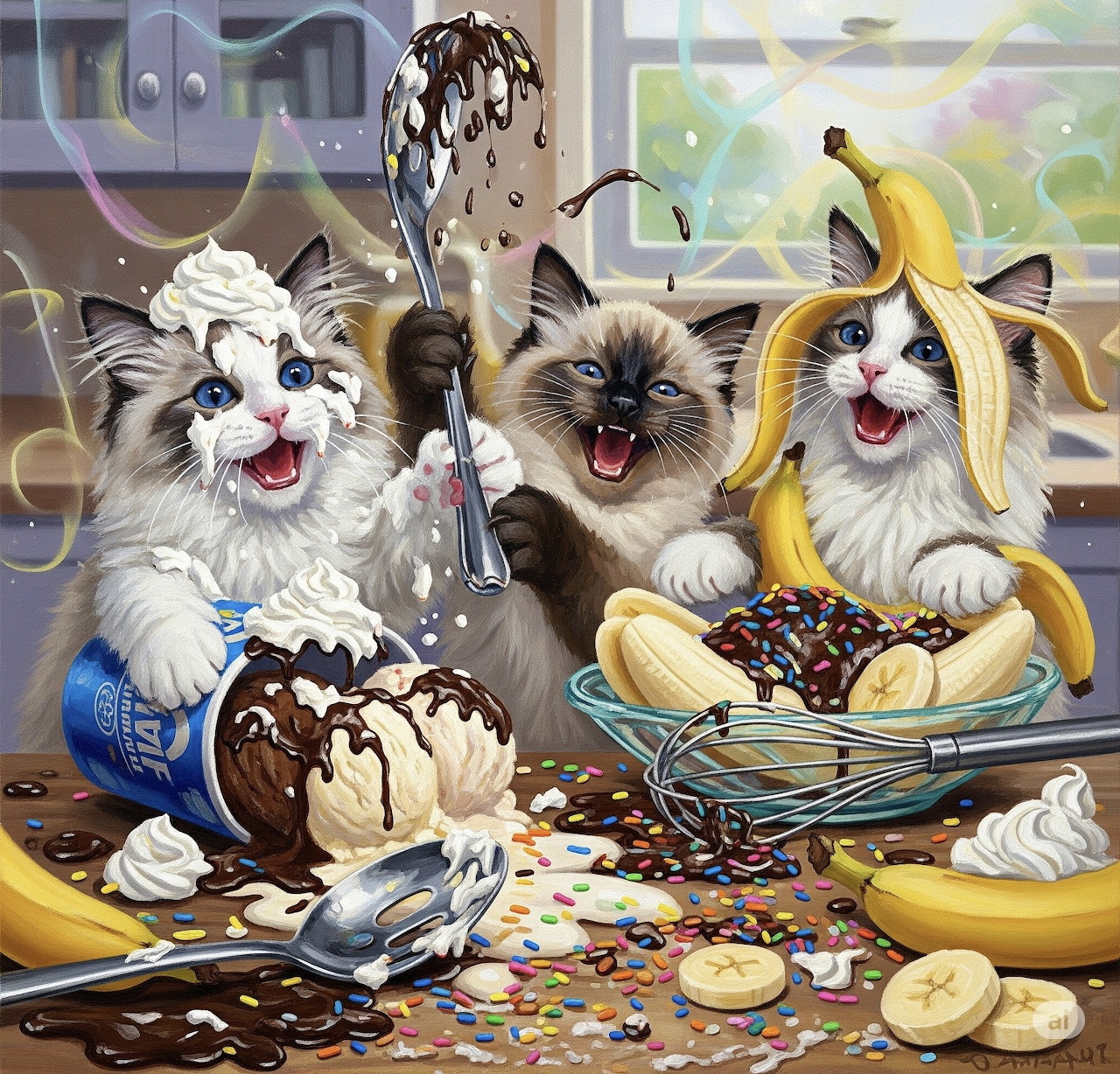Illustration of three fluffy cats making banana splits with ice cream, bananas, and sprinkles