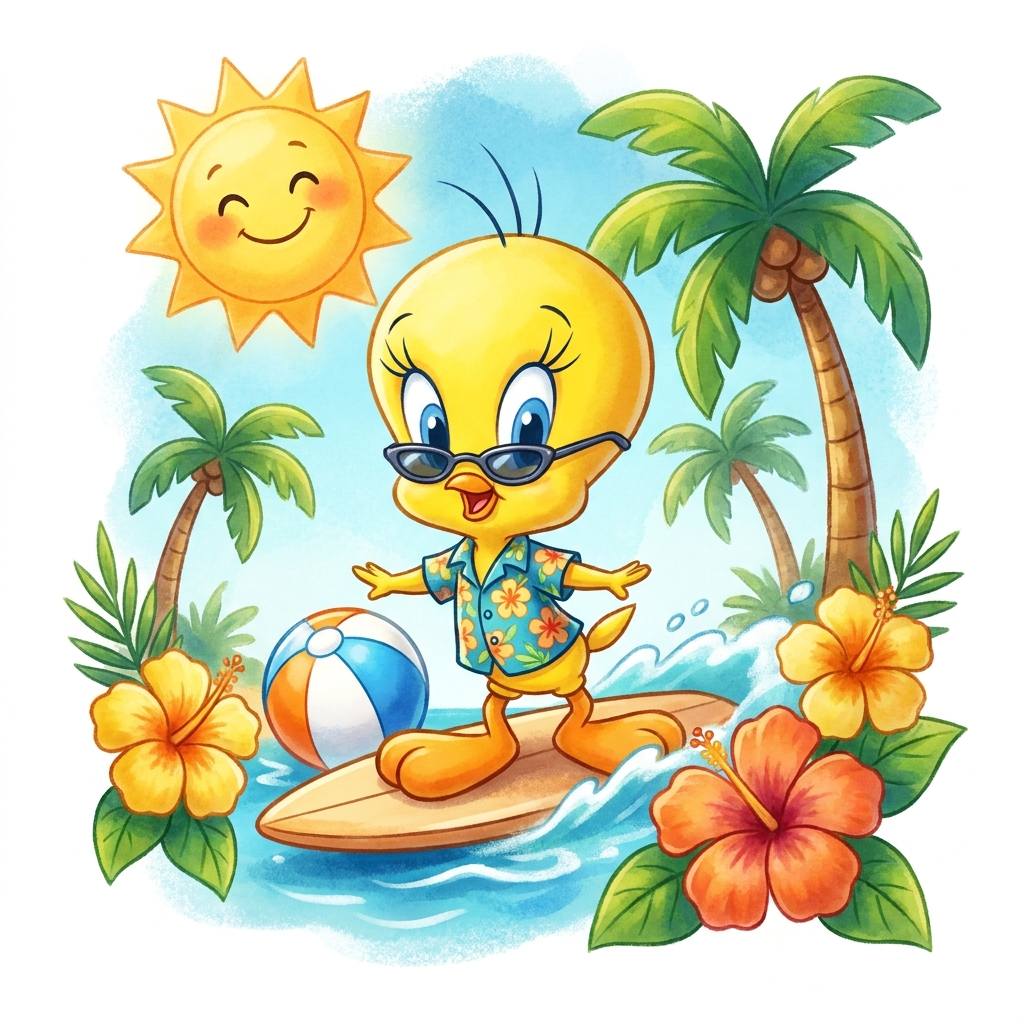 Cartoon yellow bird surfing on beach with palm trees and tropical flowers
