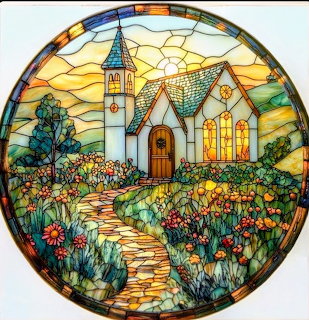 Circular stained glass image of a small church with a winding path and colorful flower garden