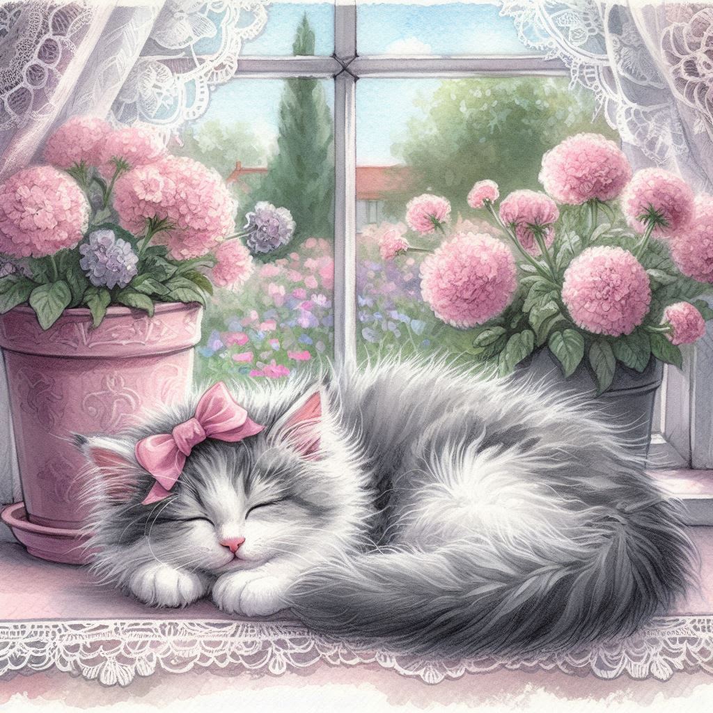 Gray and white fluffy cat napping on windowsill with pink hydrangeas and lace curtains