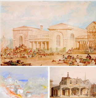 Watercolor paintings of neoclassical buildings with columns and domes in warm tones by JMW Turner