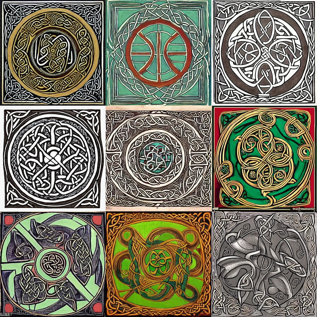 Grid of nine Celtic art tiles with intricate knotwork patterns in gold, green, silver, and earth tones