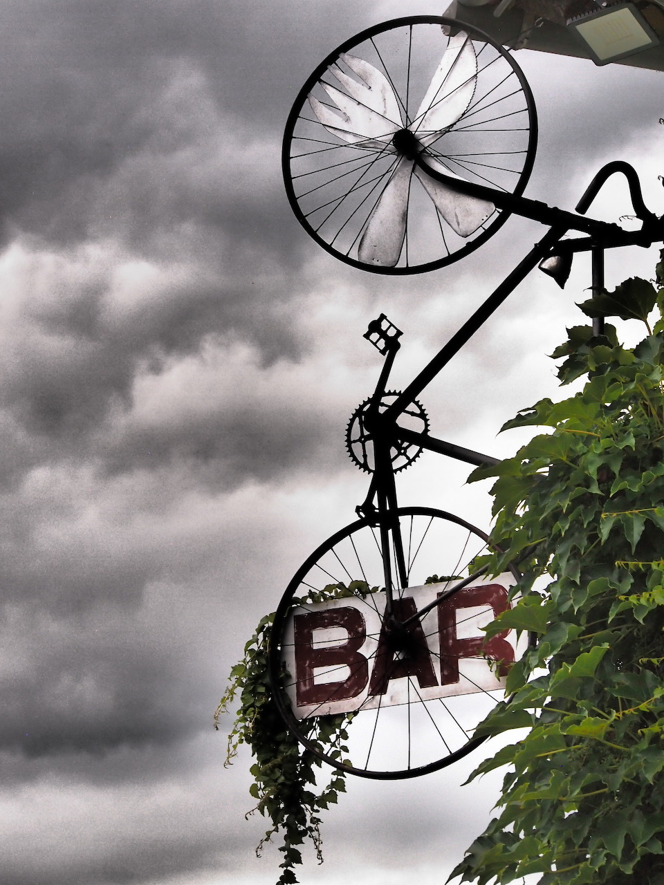 Old bicycle wheels and frame used as decorative bar sign with plants against stormy sky