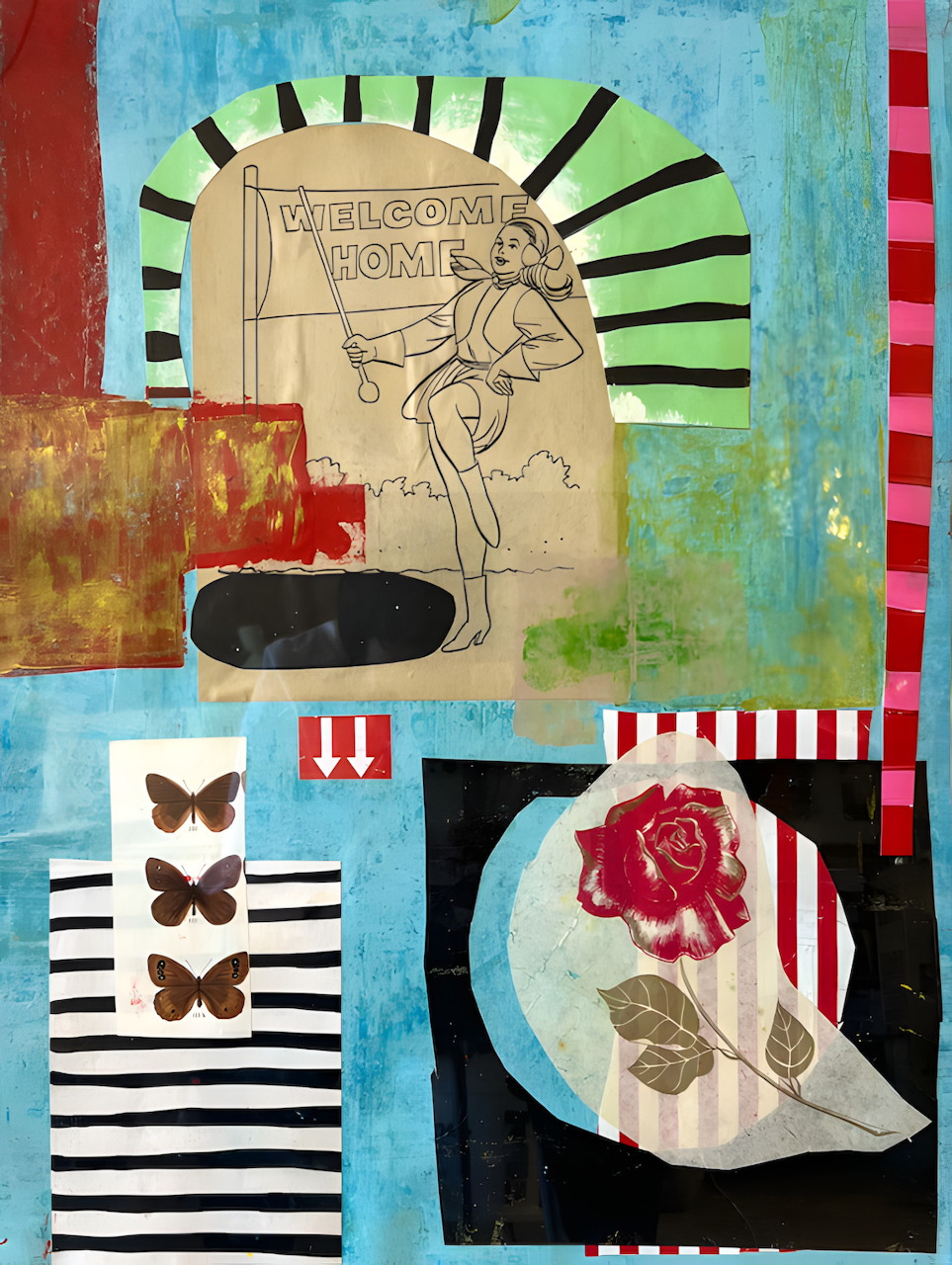 Mixed media collage with dancing figure, butterflies, rose, stripes, and welcome home arch on blue background