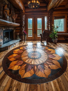 Rustic log cabin room with decorative circular wood floor pattern, stone fireplace, and glass doors