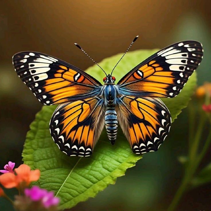 Monarch butterfly with orange and black wings perched on a green leaf