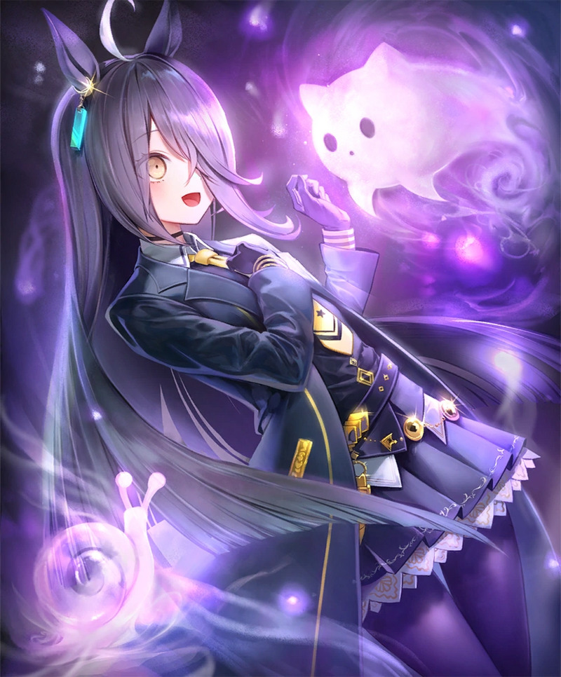 Anime girl Manhattan Cafe from Umamusume with purple hair and ghostly aura
