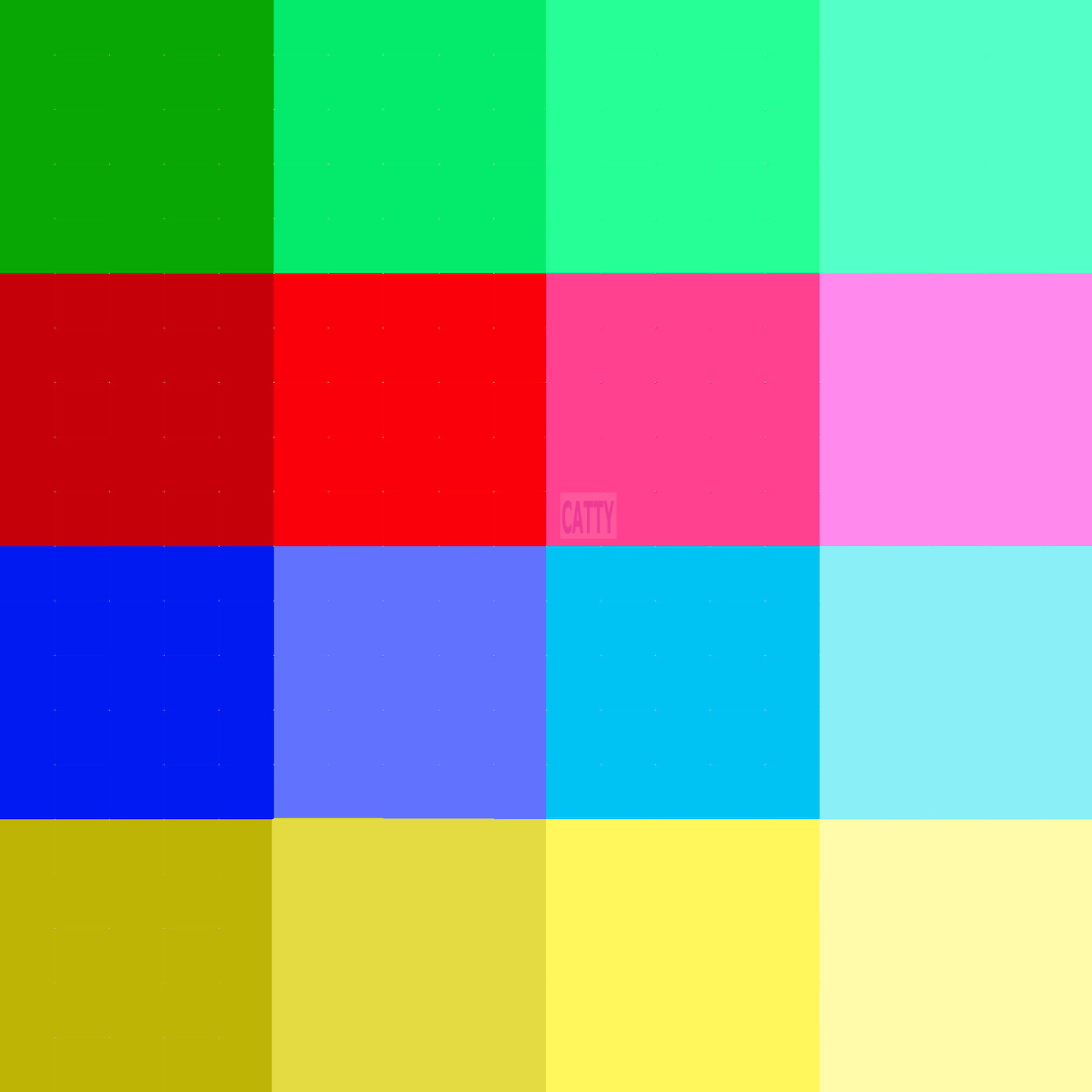 Grid of 16 solid color squares arranged in rows showing color spectrum from green to red to blue to yellow