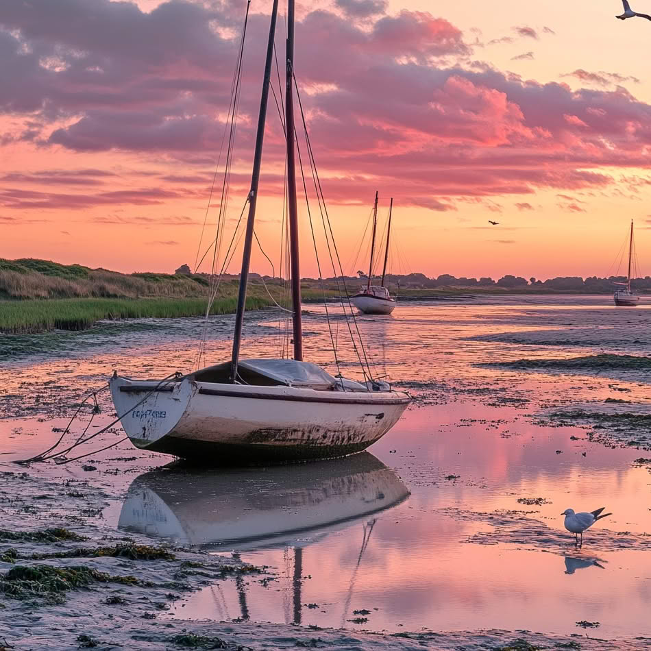 Small sailboat on a muddy tidal flat at sunset with pink clouds and water reflections