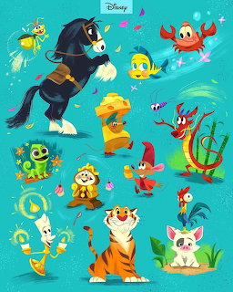 Collage of cute Disney animal characters including fish, tiger, lemur, and sea creatures on turquoise background