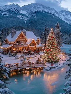Illuminated log cabin beside frozen lake with large Christmas tree, mountains and snowy forest in winter twilight